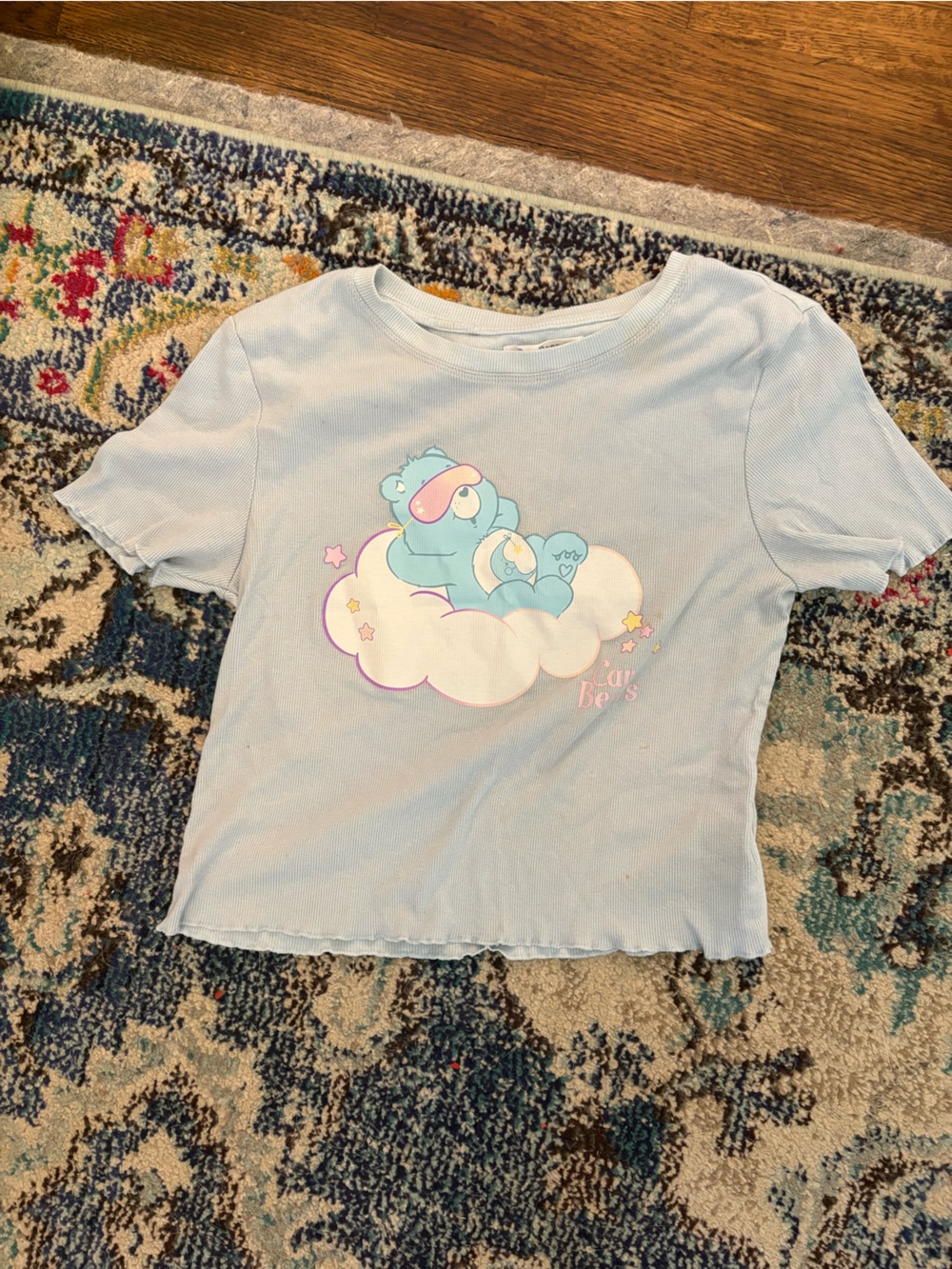Cloud-Print Light Blue Ruffle Shorts With Care Beat cropped 2 PJ